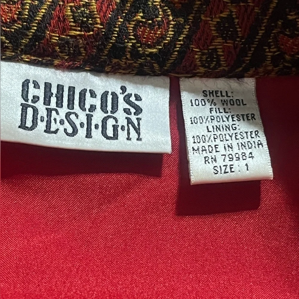 CHICO’S BOHO TAPESTRY PATCHWORK WOOL COAT, 3/4 LENGTH SIZE 1=( M—8)